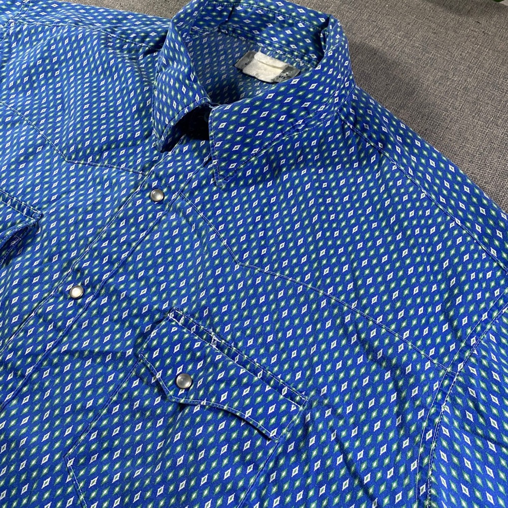 Wrangler Western Short Sleeve Pearl Snap Shirt Men's Blue Diamond Print